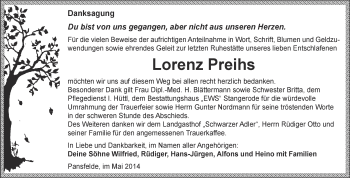 Traueranzeige von Lorenz Preihs von Wochenspiegel Mansfelder Land