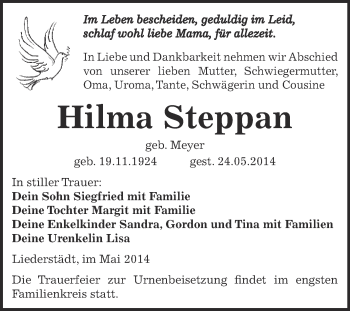 Traueranzeige von Hilma Steppan von Super Sonntag Zeitz