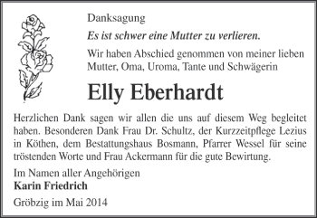 Traueranzeige von Elly Eberhardt von Super Sonntag Dessau / Köthen