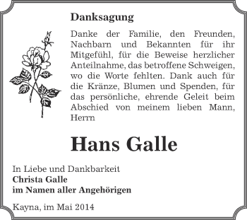 Traueranzeige von Hans Galle von Super Sonntag Zeitz