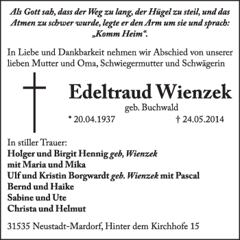 Traueranzeige von Edeltraud Wienzek von Super Sonntag Wittenberg