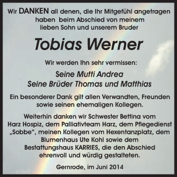 Traueranzeige von Tobias Werner von WVG - Wochenspiegel Quedlinburg