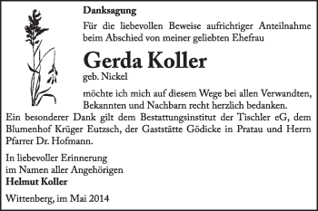 Traueranzeige von Gerda Koller von Super Sonntag Wittenberg