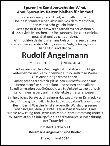 Traueranzeige von Rudolf Angelmann von WVG - Wochenspiegel Quedlinburg