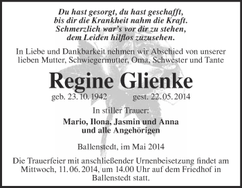 Traueranzeige von Regine Glienke von WVG - Wochenspiegel Quedlinburg