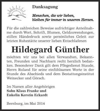 Traueranzeige von Hildegard Günther von Super Sonntag Bernburg