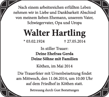 Traueranzeige von Walter Hartling von Super Sonntag Dessau / Köthen