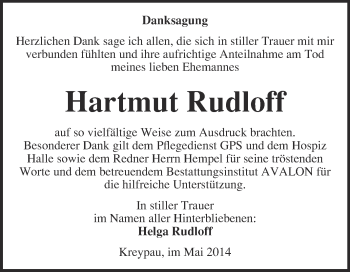 Traueranzeige von Hartmut Rudloff von WVG - Wochenspiegel Halle