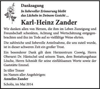 Traueranzeige von Karl-Heinz Zander von WVG - Wochenspiegel Wittenberg