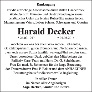 Traueranzeige von Harald Decker von Super Sonntag Dessau / Köthen