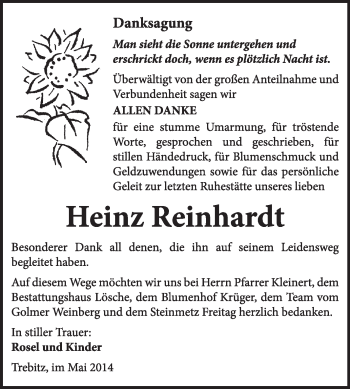 Traueranzeige von Heinz Reinhardt von WVG - Wochenspiegel Wittenberg