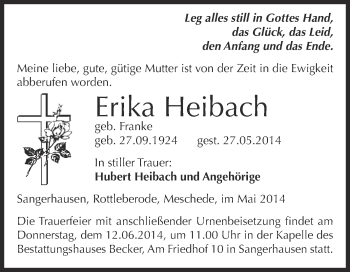 Traueranzeige von Erika Heibach von Super Sonntag SGH Mansf. Land