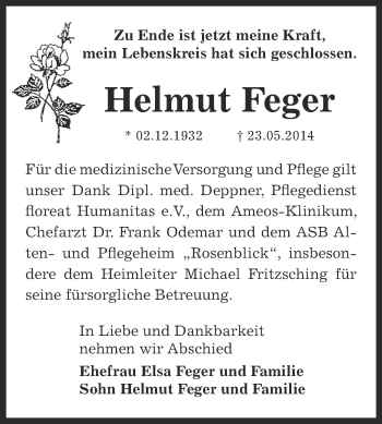 Traueranzeige von Helmut Feger von Super Sonntag Bernburg