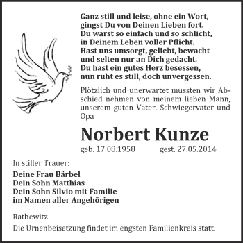 Traueranzeige von Norbert Kunze von WVG - Wochenspiegel NMB / WSF / ZTZ