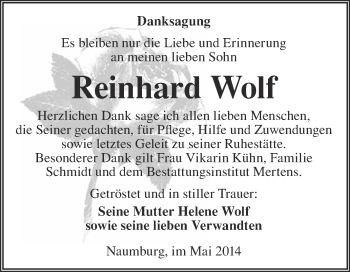Traueranzeige von Reinhard Wolf von WVG - Wochenspiegel NMB / WSF / ZTZ