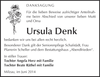 Traueranzeige von Ursula Denk von WVG - Wochenspiegel Merseburg
