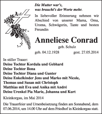 Traueranzeige von Anneliese Conrad von WVG - Wochenspiegel Wittenberg