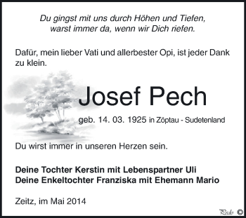 Traueranzeige von Josef Pech von Super Sonntag Zeitz