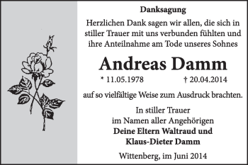 Traueranzeige von Andreas Damm von Super Sonntag Wittenberg