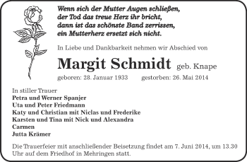 Traueranzeige von Margit Schmidt von Super Sonntag Aschersleben