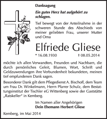 Traueranzeige von Elfriede Gliese von WVG - Wochenspiegel Wittenberg