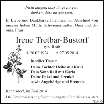 Traueranzeige von Irene Tretbar-Bustorf von Super Sonntag Zeitz