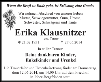 Traueranzeige von Erika Klausnitzer von WVG - Wochenspiegel Dessau / Köthen