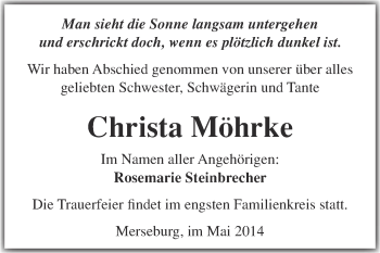 Traueranzeige von Christa Möhrke von Super Sonntag Merseburg