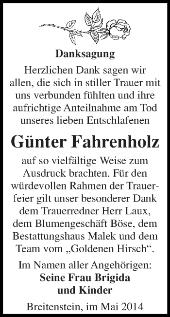 Traueranzeige von Günter Fahrenholz von WVG - Wochenspiegel Quedlinburg