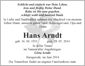 Traueranzeige von Hans Arndt von Super Sonntag Quedlinburg