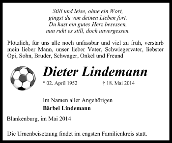 Traueranzeige von Dieter Lindemann von Super Sonntag Quedlinburg