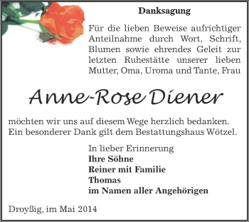 Traueranzeige von Anne-Rose Diener von Super Sonntag Zeitz