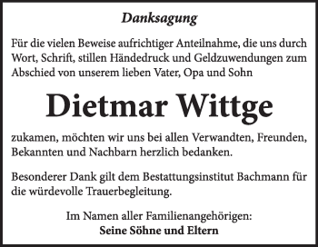 Traueranzeige von Dietmar Wittge von Super Sonntag Dessau / Köthen