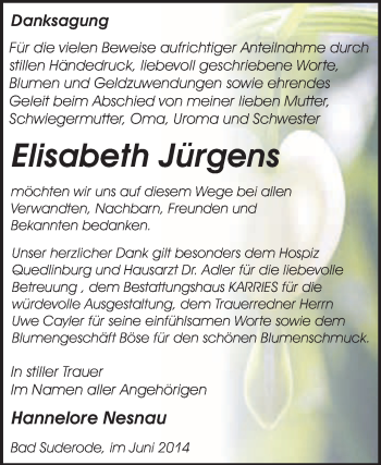 Traueranzeige von Elisabeth Jürgens von WVG - Wochenspiegel Quedlinburg