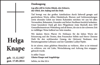 Traueranzeige von Helga Knape von Super Sonntag Wittenberg