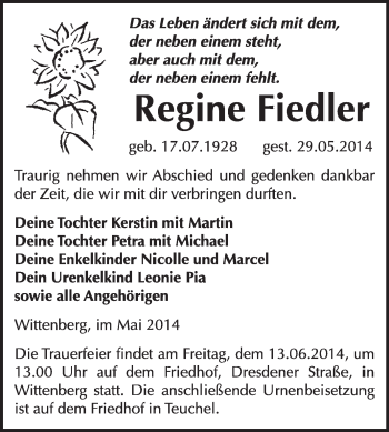 Traueranzeige von Regine Fiedler von WVG - Wochenspiegel Wittenberg