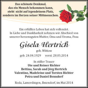 Traueranzeige von Gisela Hertrich von Super Sonntag Zeitz