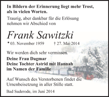 Traueranzeige von Frank Sawitzki von WVG - Wochenspiegel Quedlinburg