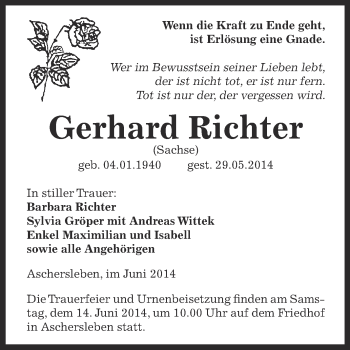 Traueranzeige von Gerhard Richter von Super Sonntag Aschersleben