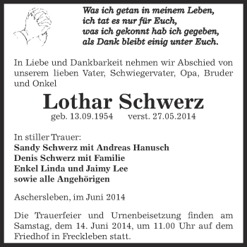 Traueranzeige von Lothar Schwerz von WVG - Wochenspiegel Aschersleben