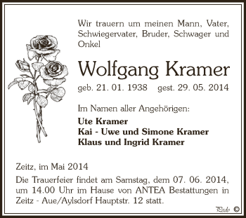 Traueranzeige von Wolfgang Kramer von Super Sonntag Zeitz