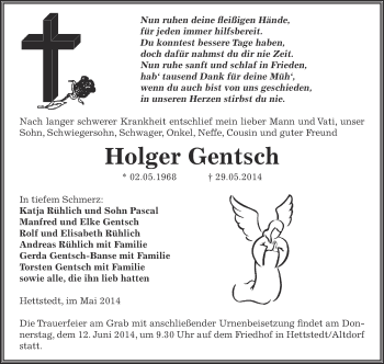 Traueranzeige von Holger Gentsch von Wochenspiegel Mansfelder Land