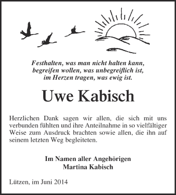 Traueranzeige von Uwe Kabisch von WVG - Wochenspiegel Merseburg