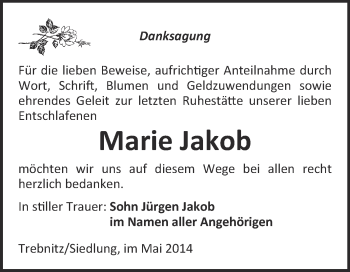 Traueranzeige von Marie Jakob von WVG - Wochenspiegel NMB / WSF / ZTZ