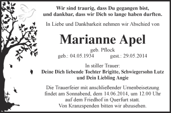 Traueranzeige von Marianne Apel von WVG - Wochenspiegel NMB / WSF / ZTZ