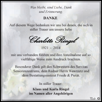 Traueranzeige von Charlotte Ringel von WVG - Wochenspiegel NMB / WSF / ZTZ
