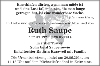 Traueranzeige von Ruth Saupe von Super Sonntag Zeitz