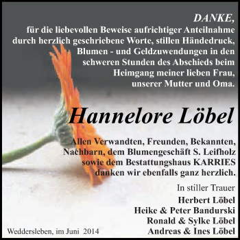 Traueranzeige von Hannelore Löbel von WVG - Wochenspiegel Quedlinburg