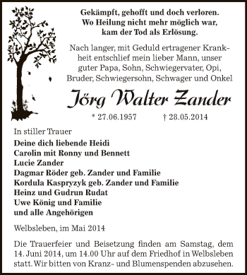 Traueranzeige von Jörg Walter Zander von WVG - Wochenspiegel Aschersleben