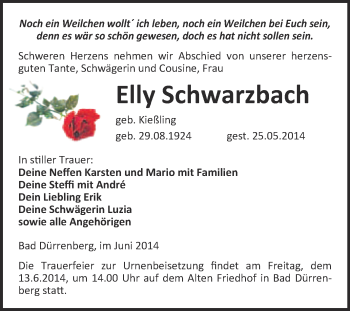 Traueranzeige von Elly Schwarzbach von Super Sonntag Merseburg